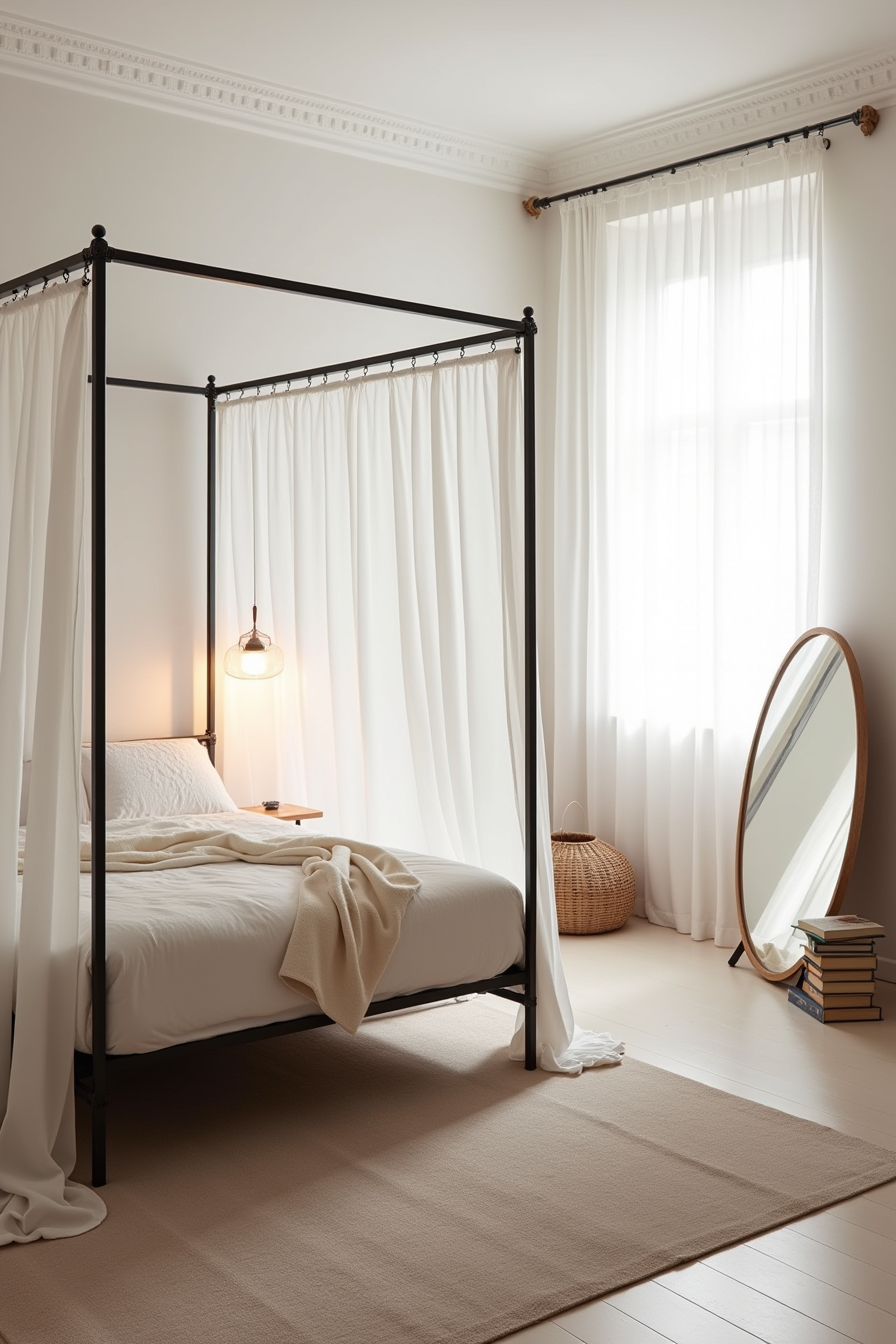 Bedroom with canopy bed draped in sheer fabric, layered rug, standing mirror, and stacked book nightstand.