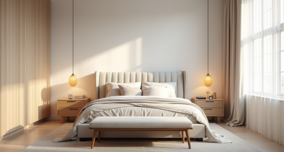 Bedroom with tufted headboard, layered bedding, nightstands with lamps, and bench at bed's foot.