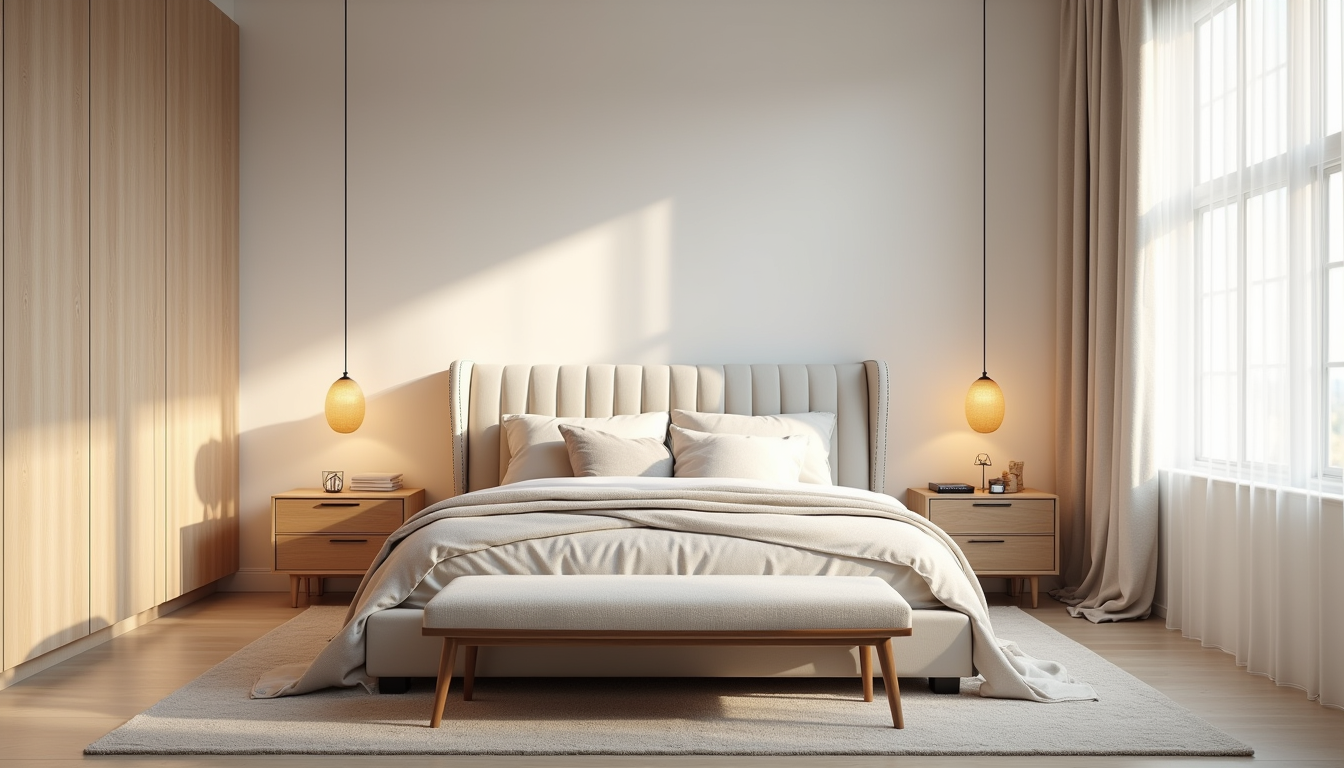 Bedroom with tufted headboard, layered bedding, nightstands with lamps, and bench at bed's foot.