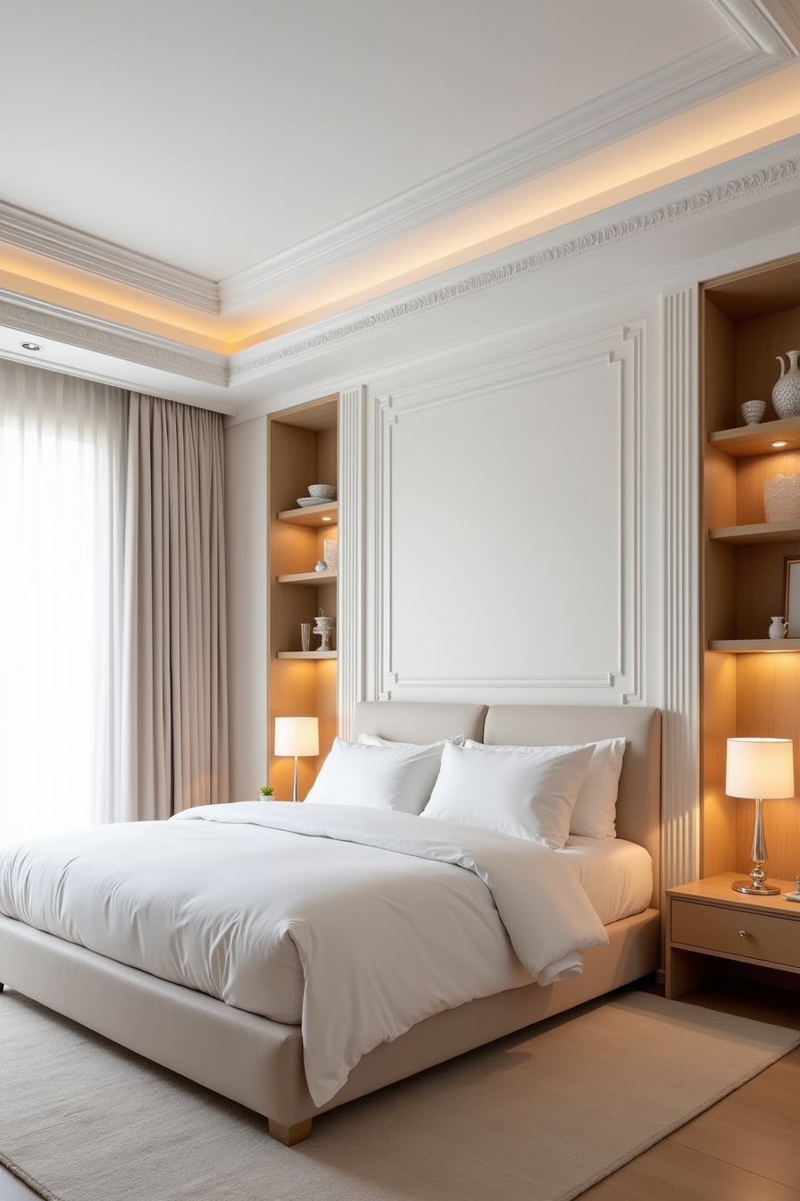 Bedroom with coffered ceiling, built-in shelving flanking bed, alcove nightstands, and paneled wall.