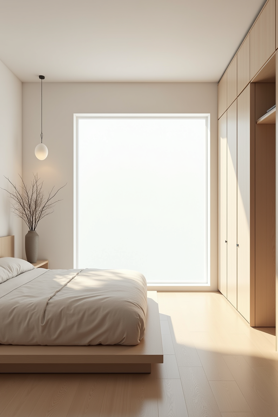 Minimalist bedroom with platform bed, floating shelf with ceramic vase, and concrete pendant light.