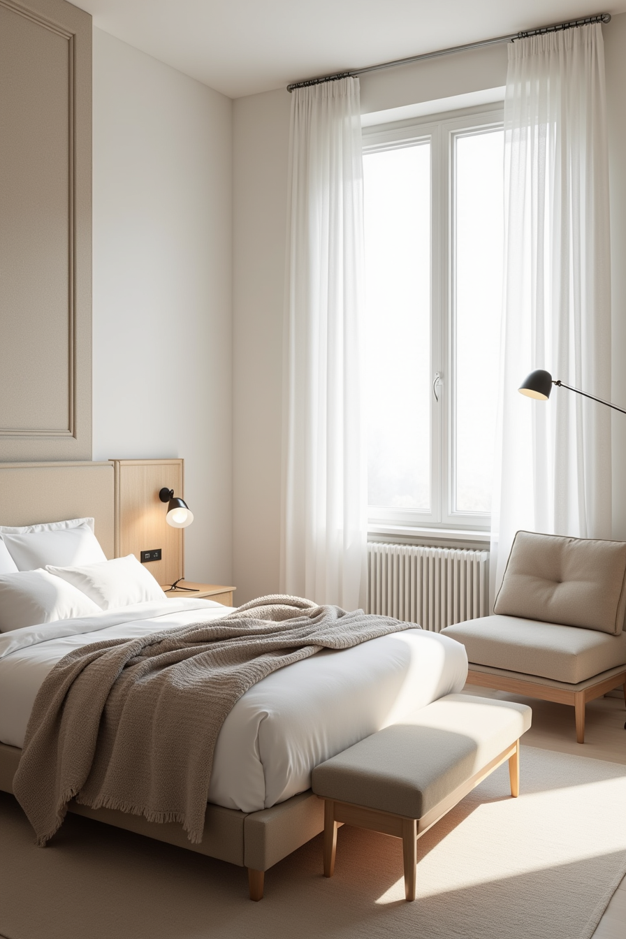 Neutral bedroom corner with tall headboard, white bedding, wall sconces, and reading chair with floor lamp.