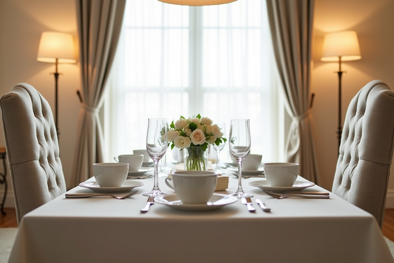 Two button-tufted upholstered chairs face each other across a formal dining table with place settings and centerpiece.