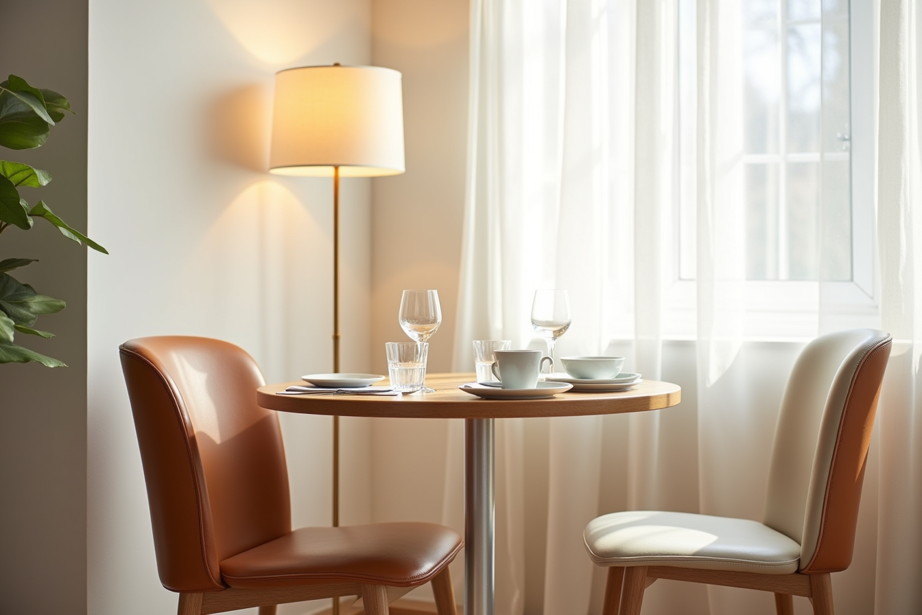Two faux leather upholstered chairs with cushioned seats sit at a casual dining table with water glass and cutlery.