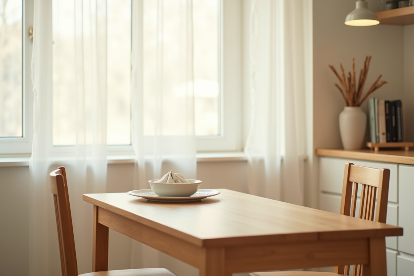 An oak chair with vertical slats sits beside a plate and napkin on a wooden kitchen table.