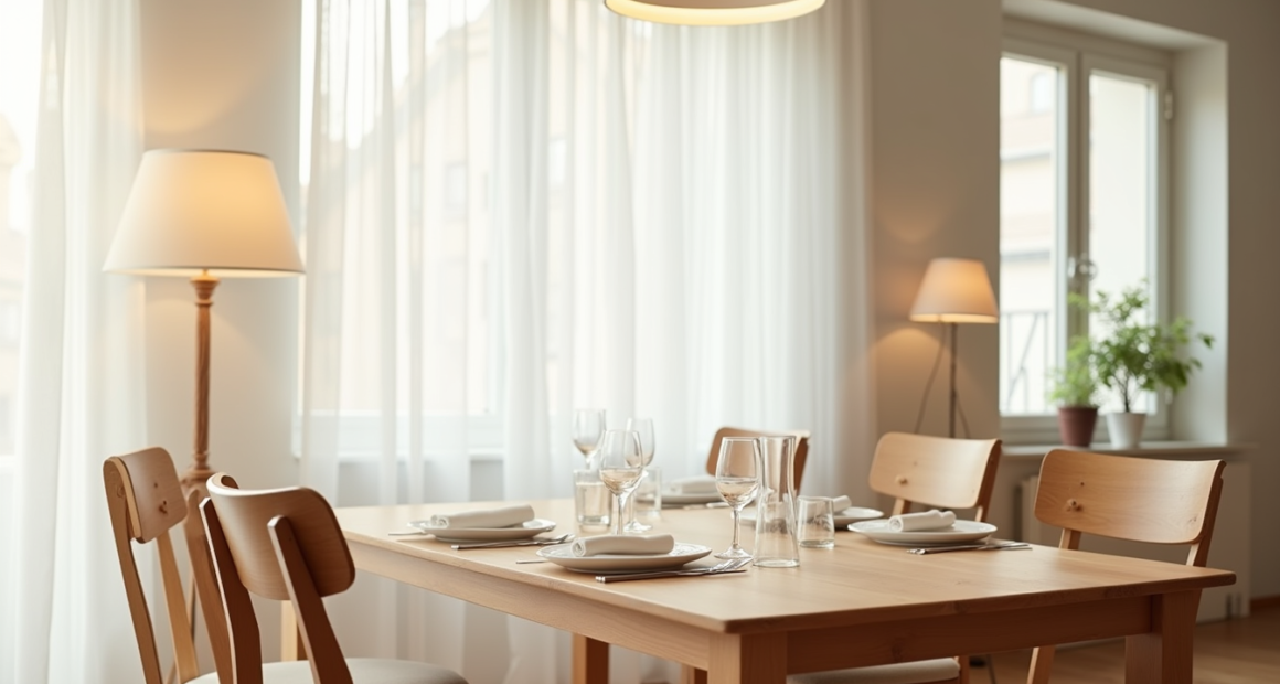 Two contrasting dining chairs sit opposite each other at a wooden table with place settings and napkins.