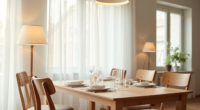 Two contrasting dining chairs sit opposite each other at a wooden table with place settings and napkins.