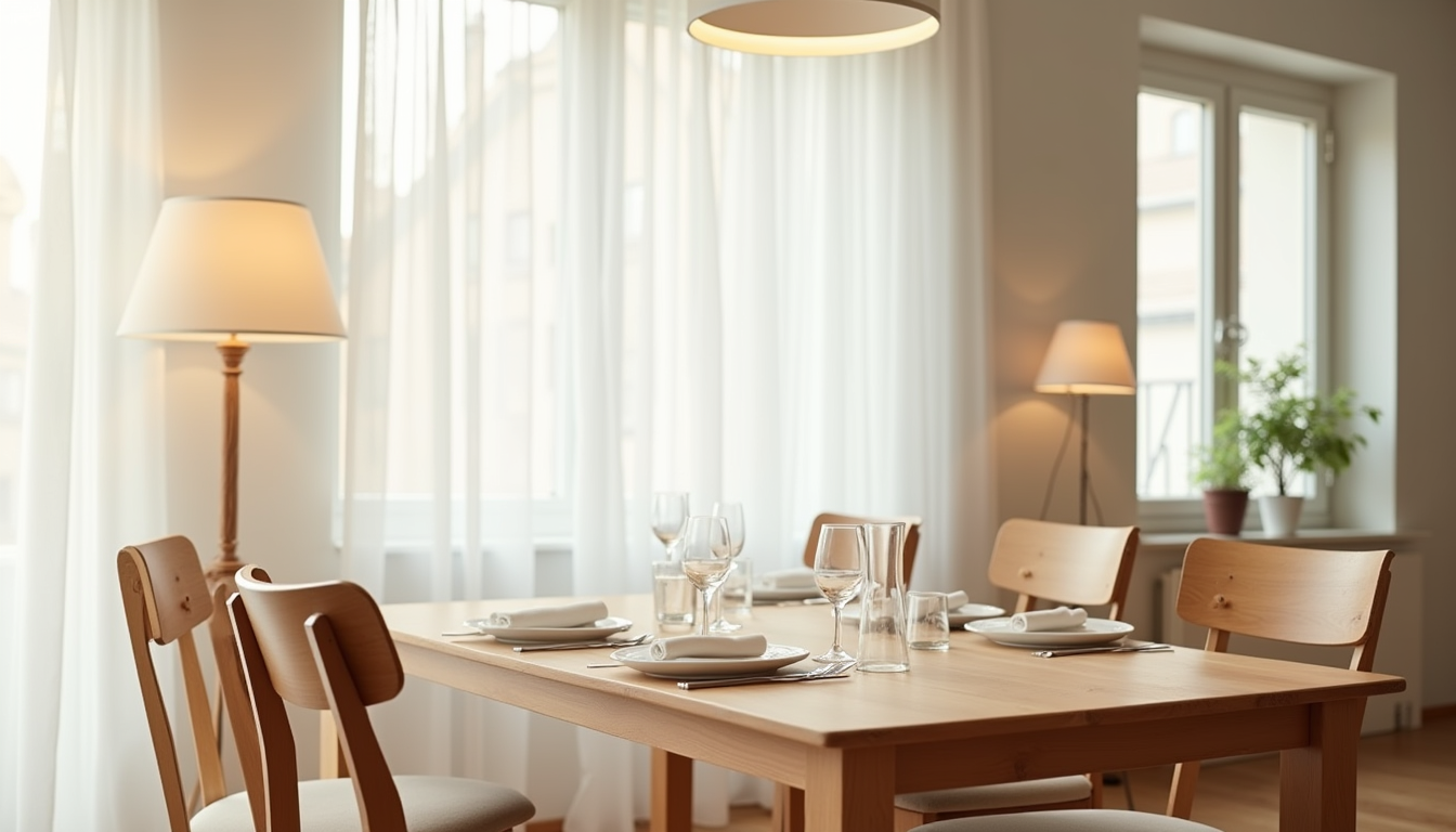 Two contrasting dining chairs sit opposite each other at a wooden table with place settings and napkins.