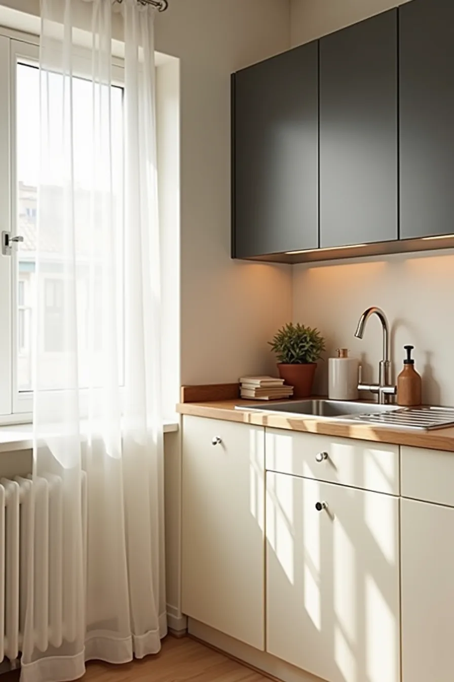 Kitchen corner with cream lower cabinets and charcoal upper cabinets meeting above a stainless steel sink.