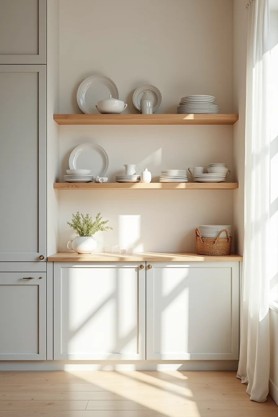 Soft gray lower cabinets with open wooden shelves above displaying white plates, glassware, and pottery.
