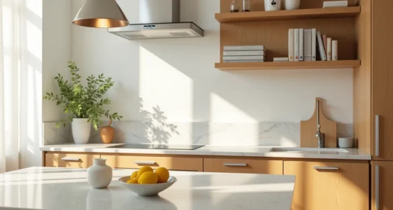 Warm oak kitchen island with marble countertop, stainless steel hardware, and fresh lemons in morning light.