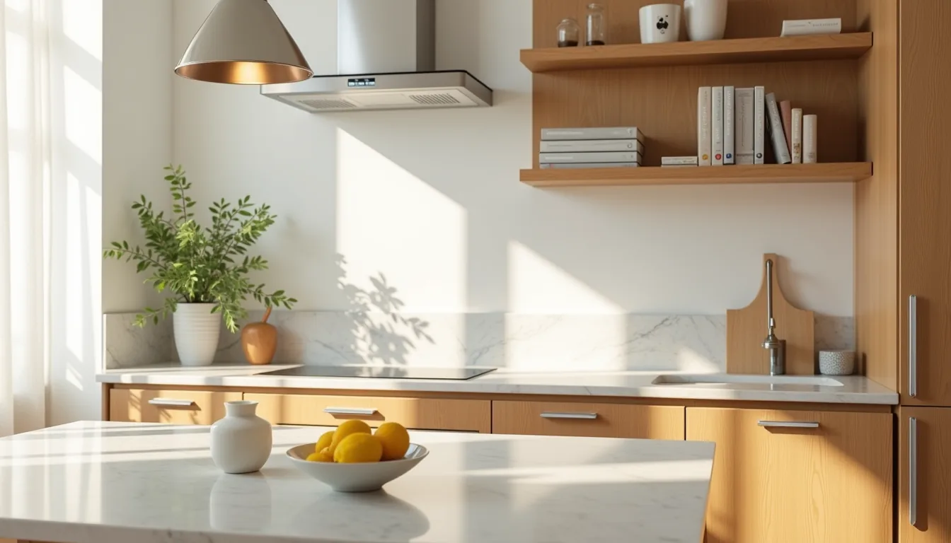 Warm oak kitchen island with marble countertop, stainless steel hardware, and fresh lemons in morning light.