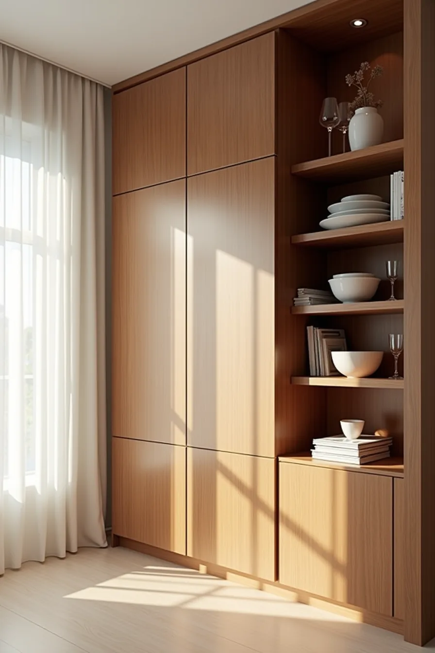 Floor-to-ceiling walnut cabinets with open shelving displaying ceramic bowls and glassware in natural light.