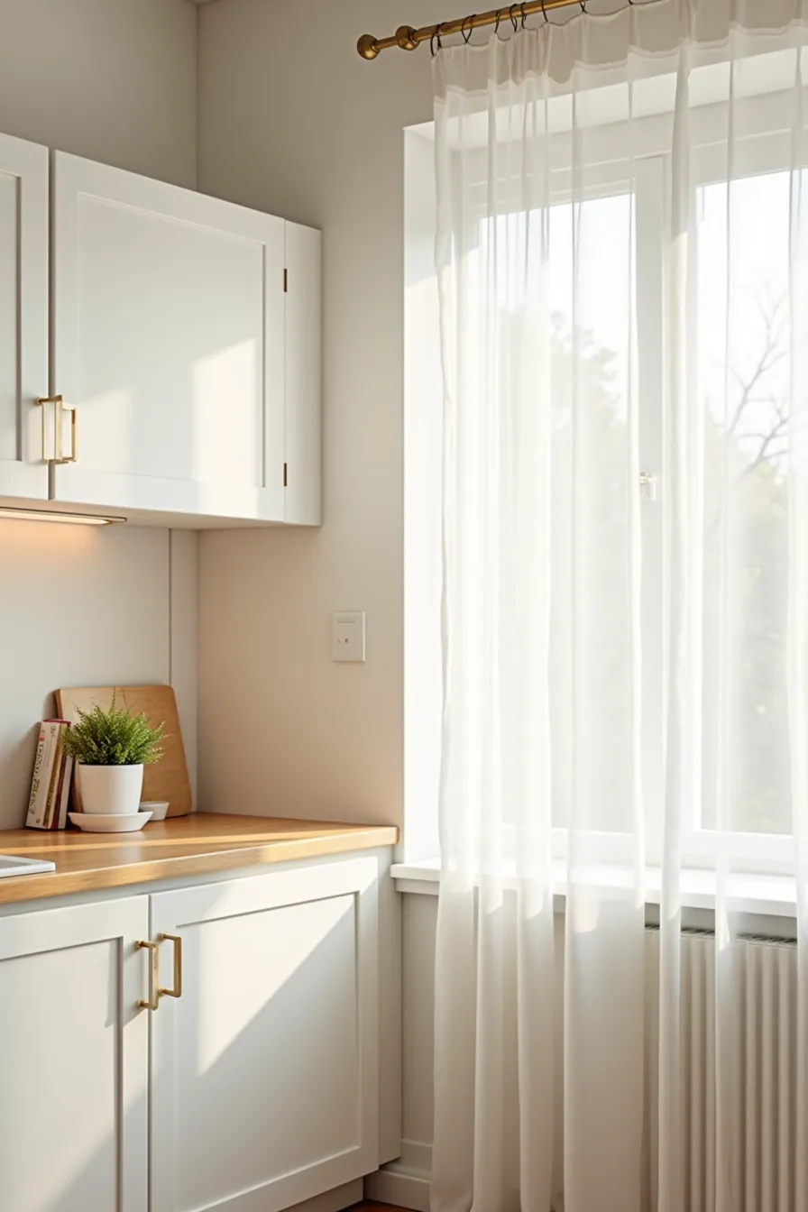 White flat-front kitchen cabinets with push-to-open mechanism and a potted plant on the countertop.