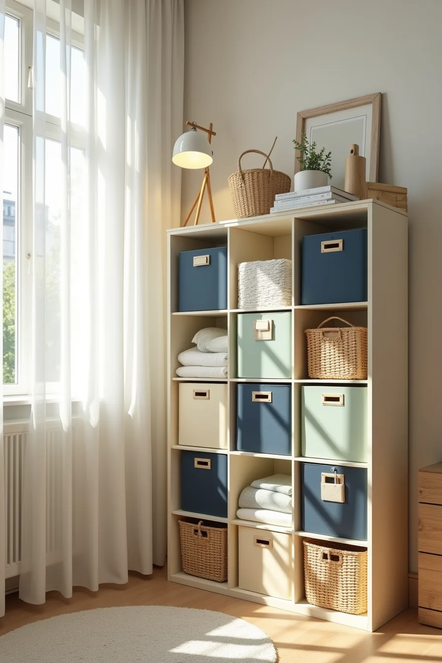 A 3×3 cube unit displays navy baskets, cream bins, and sage green boxes organized by color, with small hanging tags on