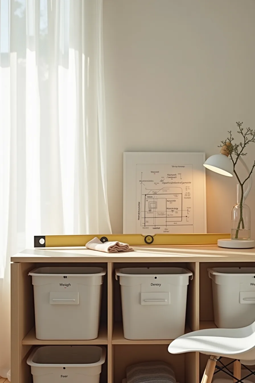 Cube organizer maintenance scene shows a microfiber cloth, spirit level, weight-distribution diagram, and labeled bins with