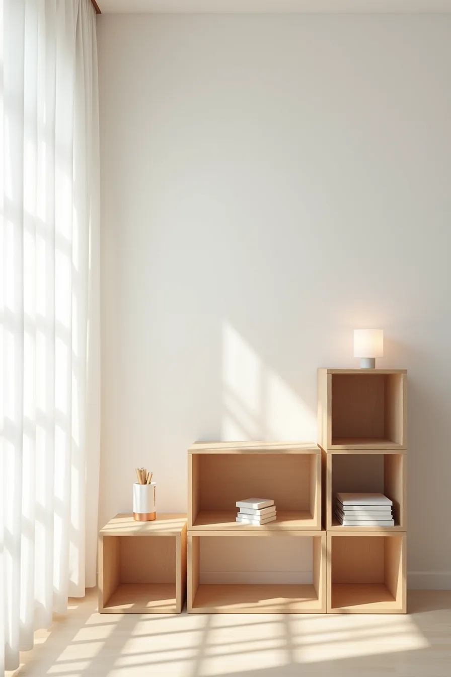 Three different cube storage systems stand against a white wall: wall-mounted fixed shelves, freestanding modular cubes with