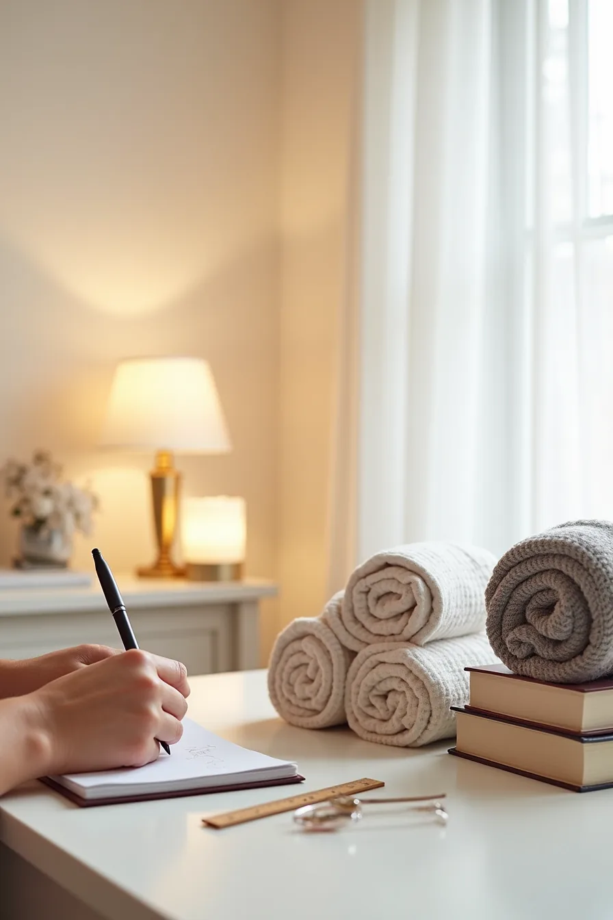 Hand writes quantities on notepad next to rolled socks, stacked books, coiled scarves, ruler, and pen on a neutral work