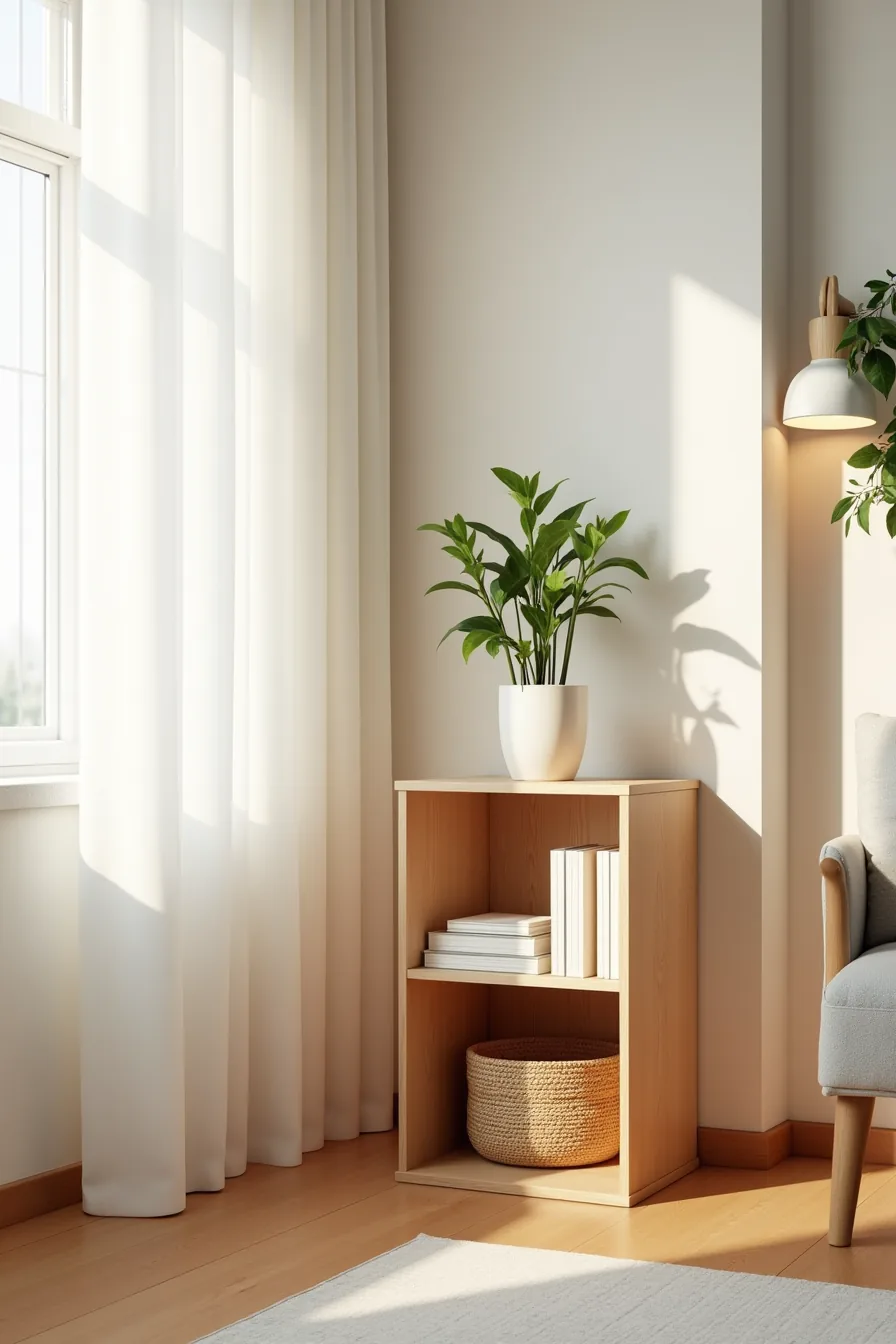 A 2×2 cube organizer in a living room corner holds a potted plant on top, decorative objects on shelves, and a woven basket