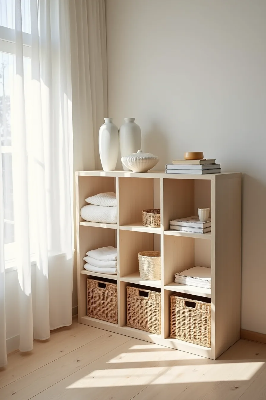 A 2×3 cube organizer contains folded linens, ceramic vases, woven baskets, and wooden drawer fronts arranged across six