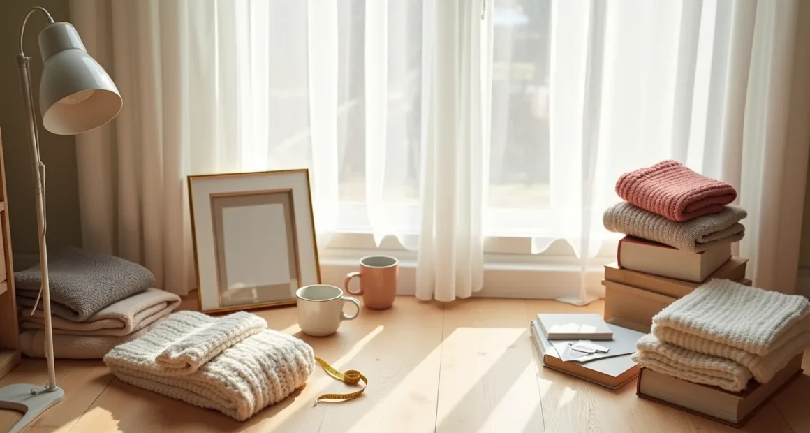 Wooden floor displays sorted items including folded sweaters, ceramic mugs, photo frames, books, fabric scraps, measuring