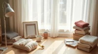 Wooden floor displays sorted items including folded sweaters, ceramic mugs, photo frames, books, fabric scraps, measuring