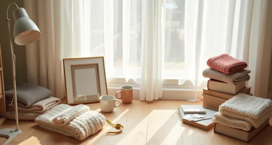 Wooden floor displays sorted items including folded sweaters, ceramic mugs, photo frames, books, fabric scraps, measuring