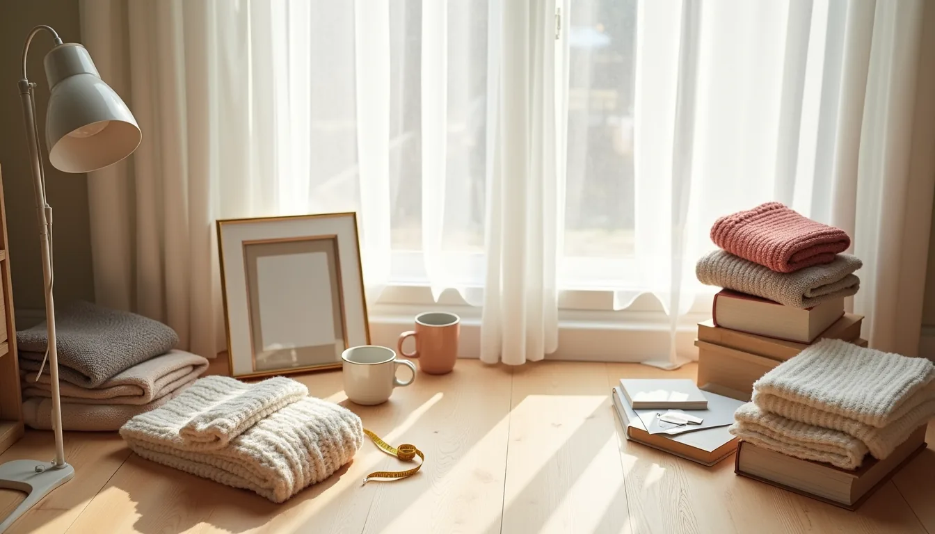 Wooden floor displays sorted items including folded sweaters, ceramic mugs, photo frames, books, fabric scraps, measuring