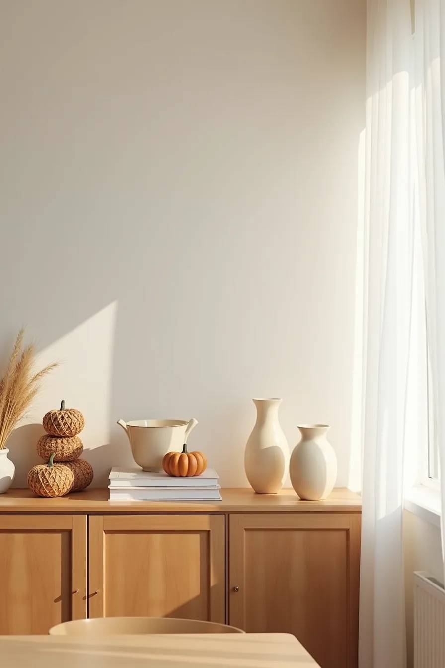 Woven pumpkins, dried wheat, and cream ceramic vessels arranged on one side of wood cabinet top.