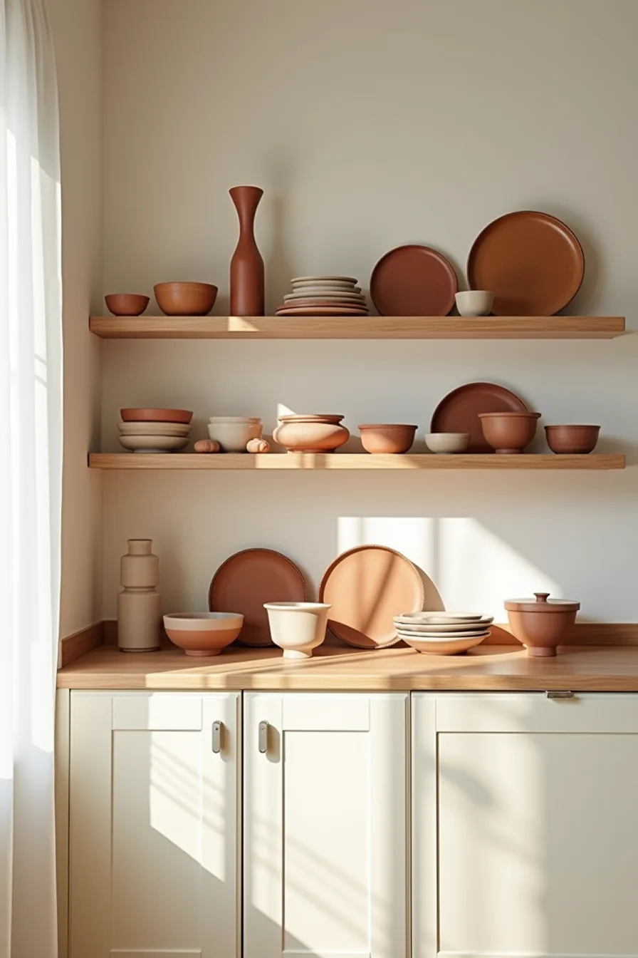 Ceramic bowls, stoneware platters, and terracotta vessels in rust and ochre tones stacked above cream cabinets.