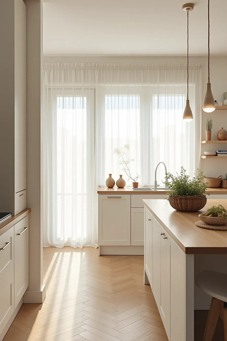 Comparison of minimalist three-vessel display on narrow cabinets versus layered baskets and pottery on expansive cabinetry.