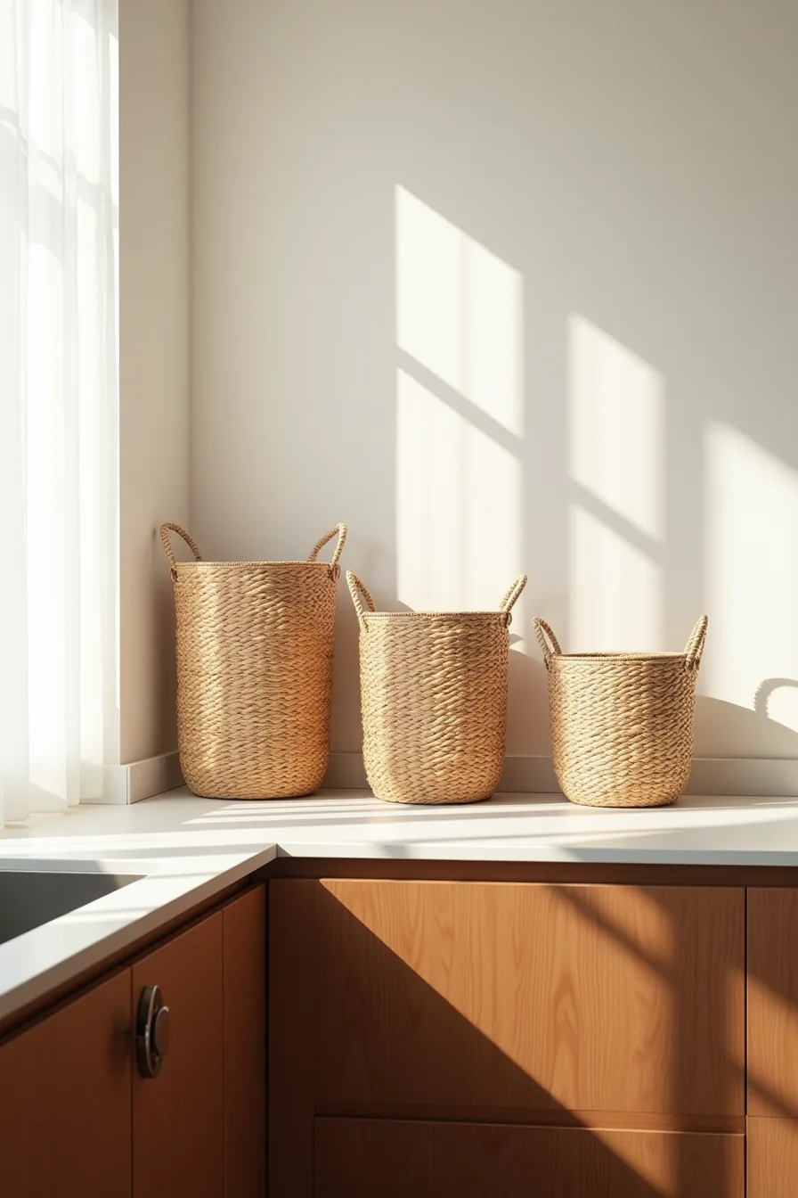 Three seagrass and wicker baskets in descending heights displayed above dark wood cabinets.