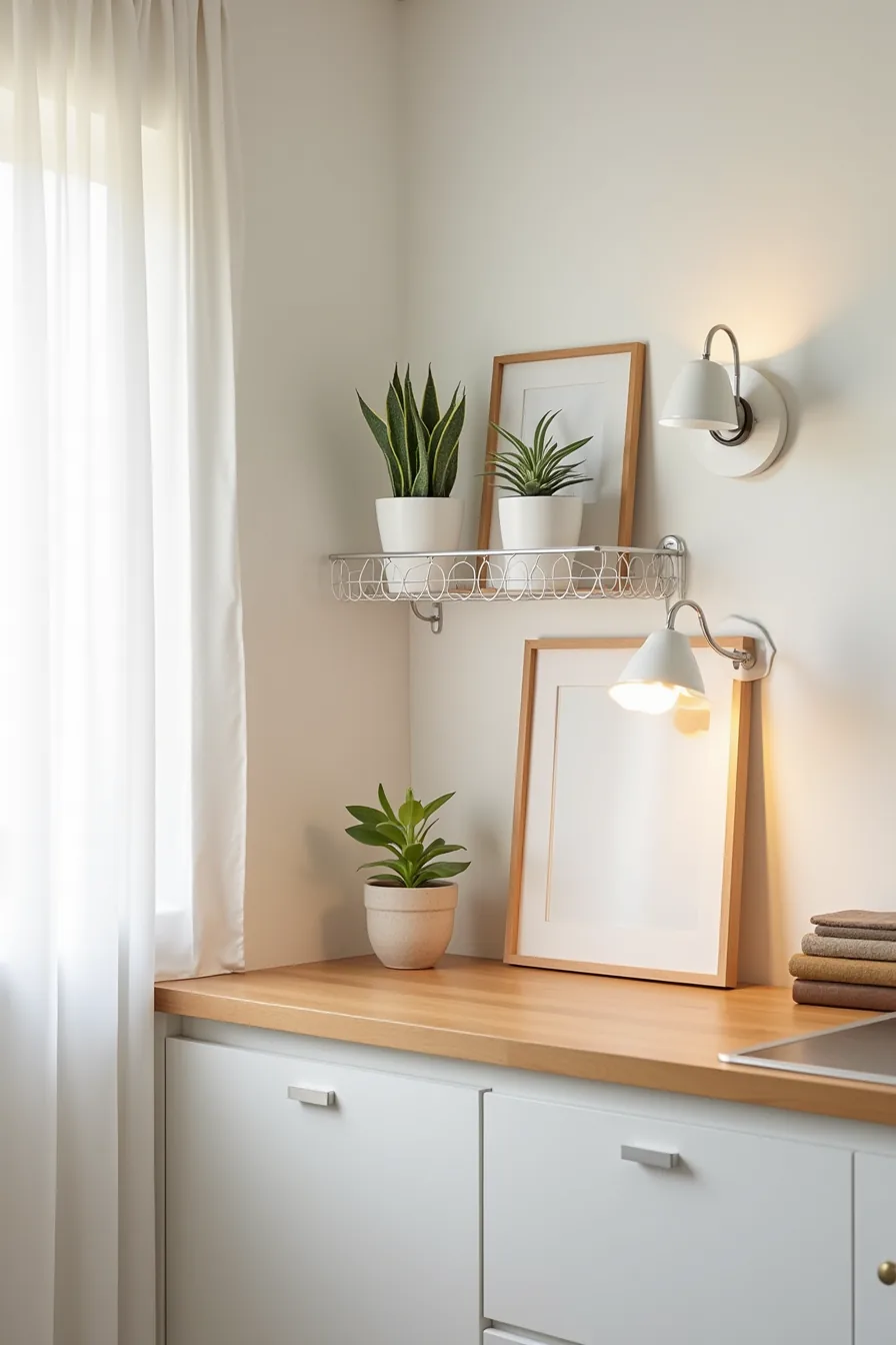 Wire shelves with potted succulents and a leaning framed print mounted above white rental kitchen cabinets.