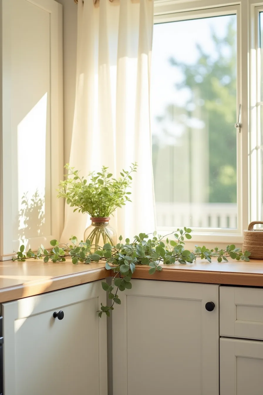 Pothos plant and eucalyptus garland cascade along cabinet edge with a glass vessel on display.