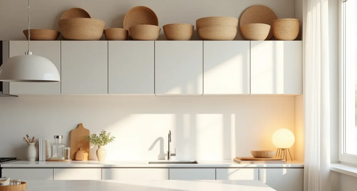 Woven baskets in varying sizes and natural tones arranged above white kitchen cabinets.