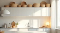 Woven baskets in varying sizes and natural tones arranged above white kitchen cabinets.