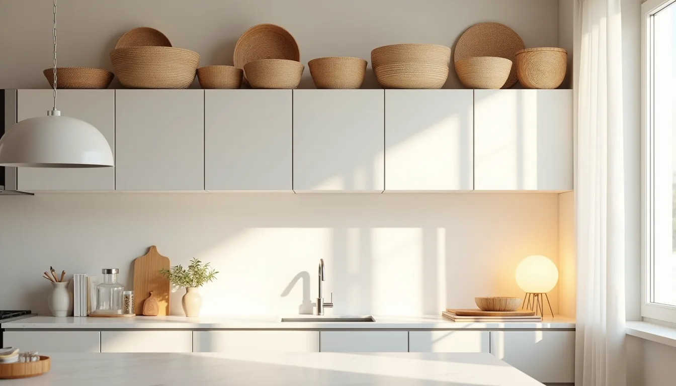 Woven baskets in varying sizes and natural tones arranged above white kitchen cabinets.
