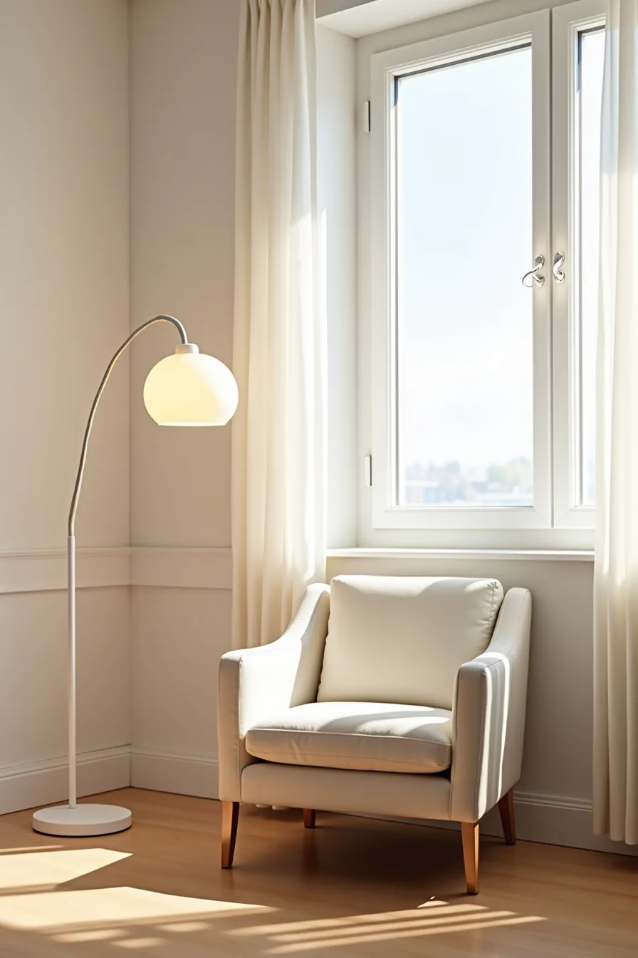 Armchair beside a south-facing window with white trim, an arc lamp behind it, and pale curtains diffusing sunlight onto the