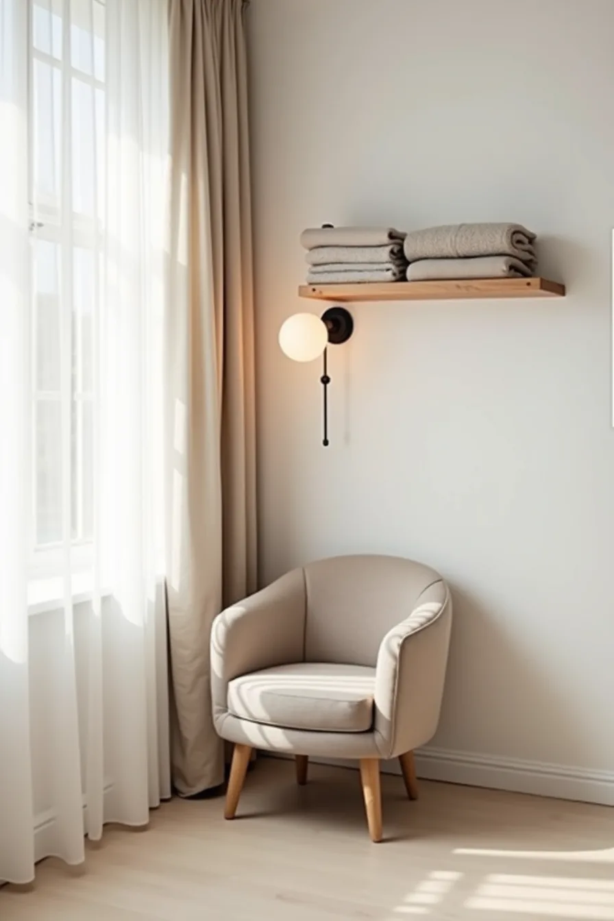 Taupe barrel chair in a studio corner with a floating shelf displaying three folded blankets and white walls on both sides.