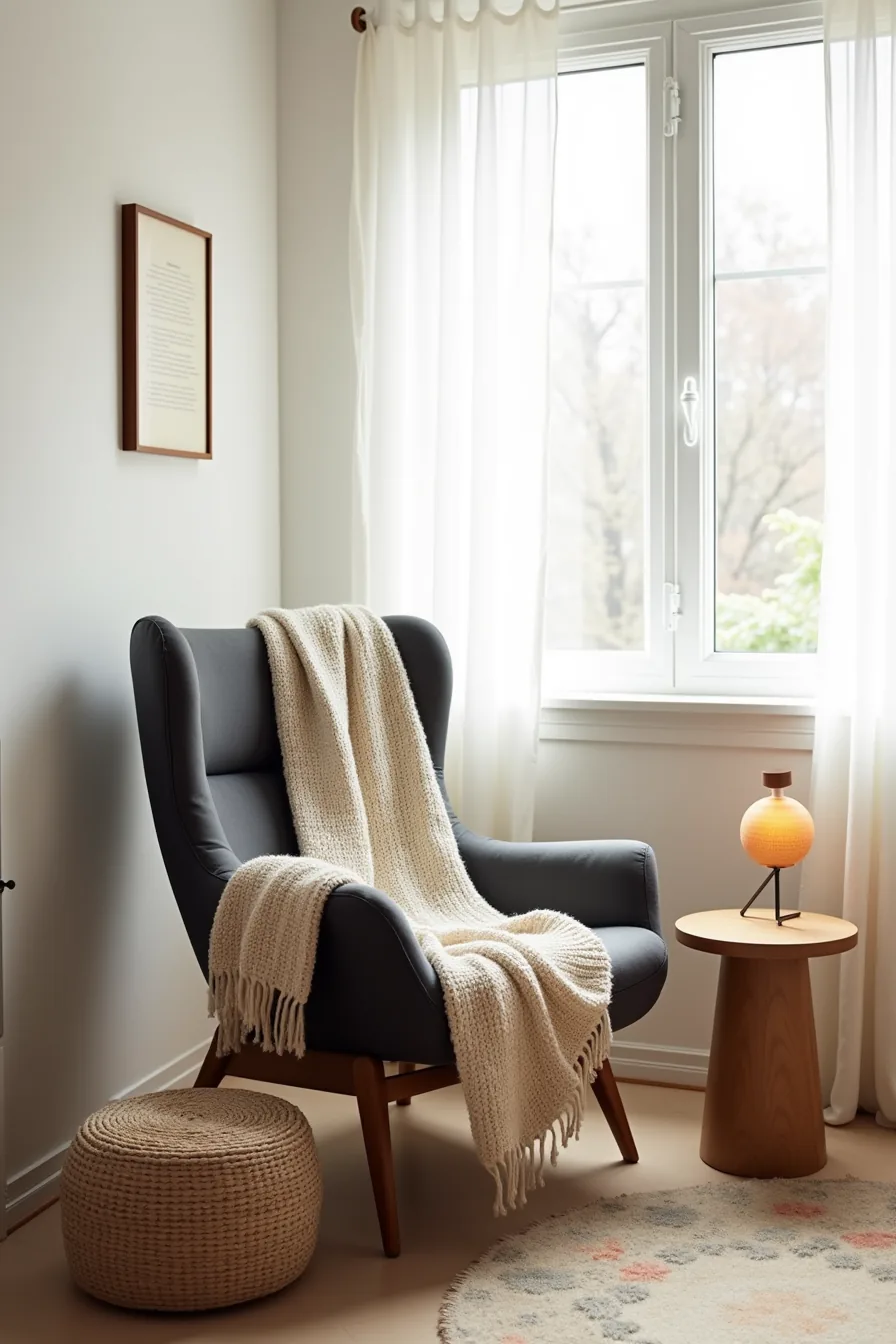 Charcoal mid-century chair with a round wooden side table, knit throw, floor cushion, and woven basket, photographed from an