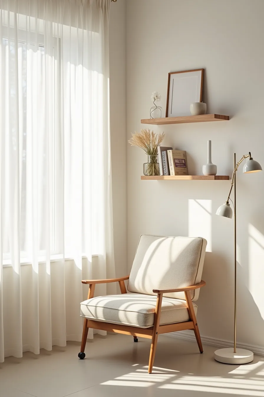 Upholstered chair on casters with a tension rod lamp, peel-and-stick wall shelves displaying unframed art, and a polished