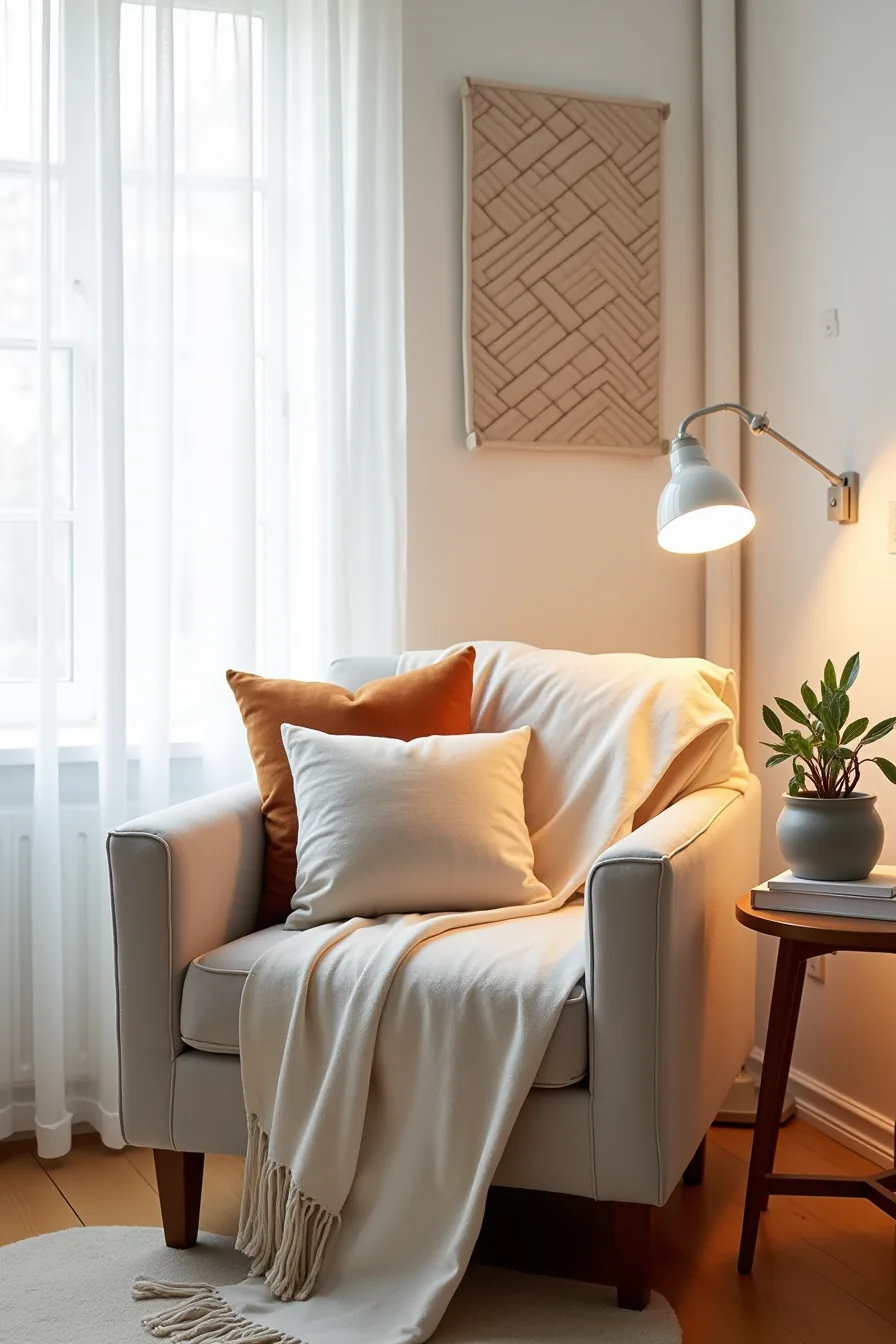 Neutral upholstered chair dressed with a linen throw, autumn-toned pillows, wooden side table with succulent, and a quilted