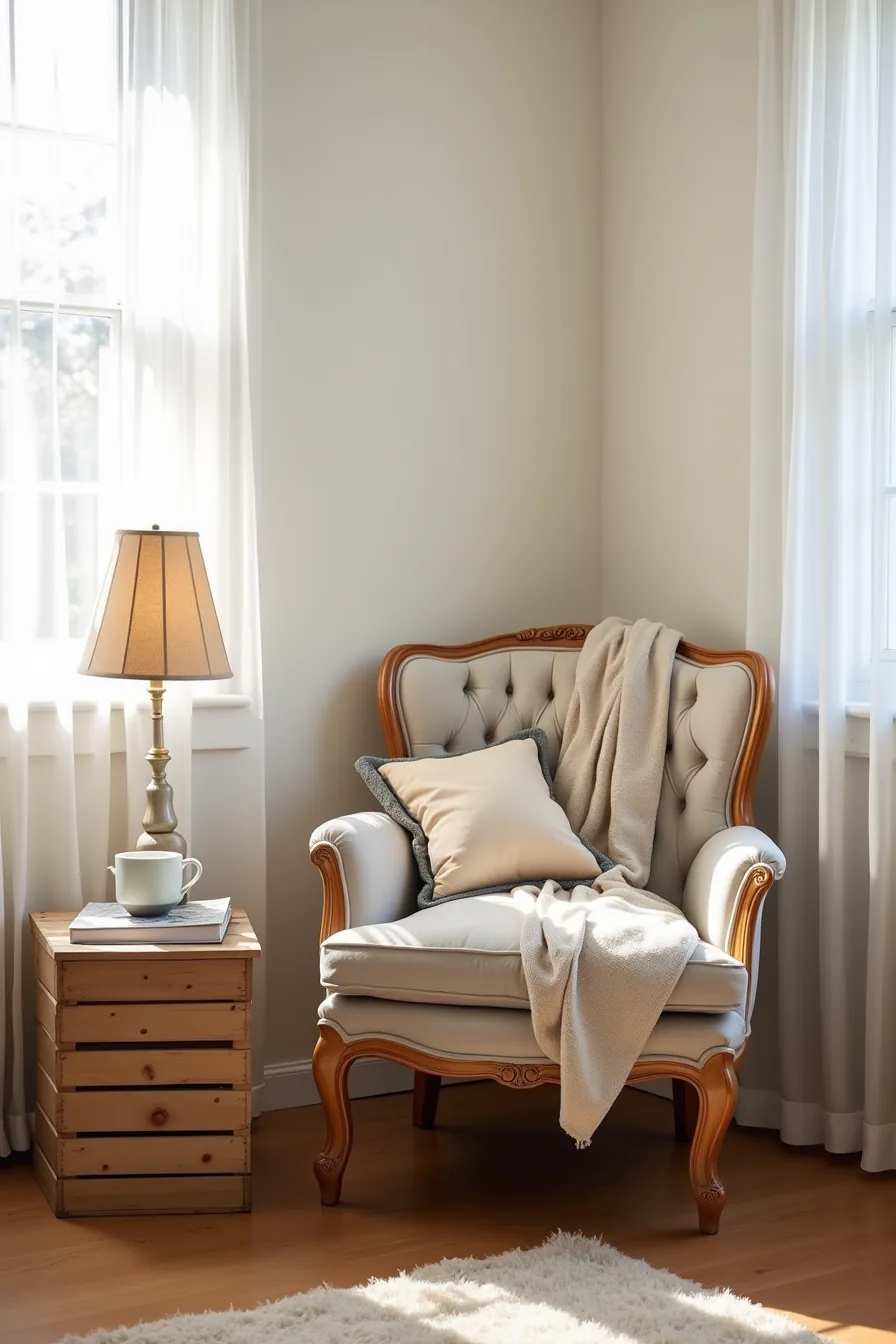 Faded velvet tufted chair in a corner with a linen throw, mismatched pillows, and a wooden crate side table holding a