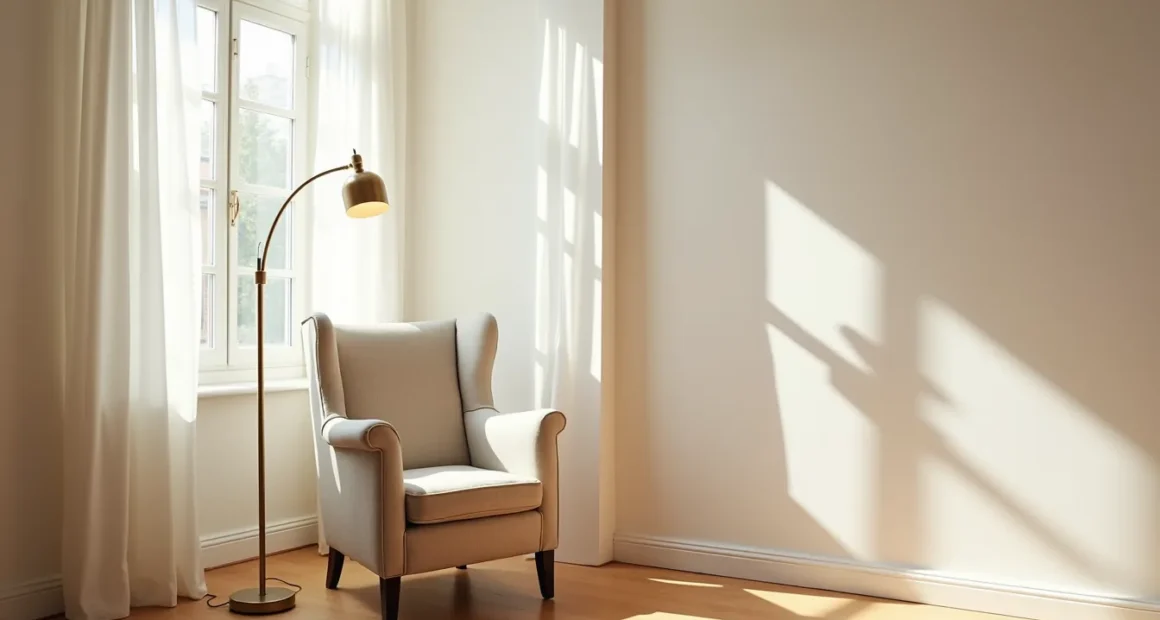 Wingback chair in a corner beside an arched window with a curved brass lamp overhead and sunlight creating shadows on the