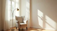 Wingback chair in a corner beside an arched window with a curved brass lamp overhead and sunlight creating shadows on the
