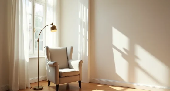 Wingback chair in a corner beside an arched window with a curved brass lamp overhead and sunlight creating shadows on the