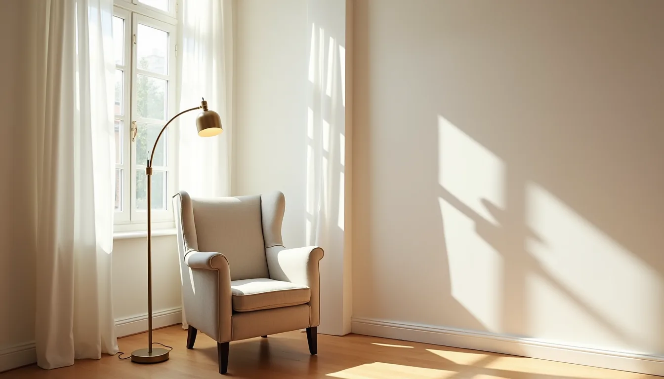 Wingback chair in a corner beside an arched window with a curved brass lamp overhead and sunlight creating shadows on the
