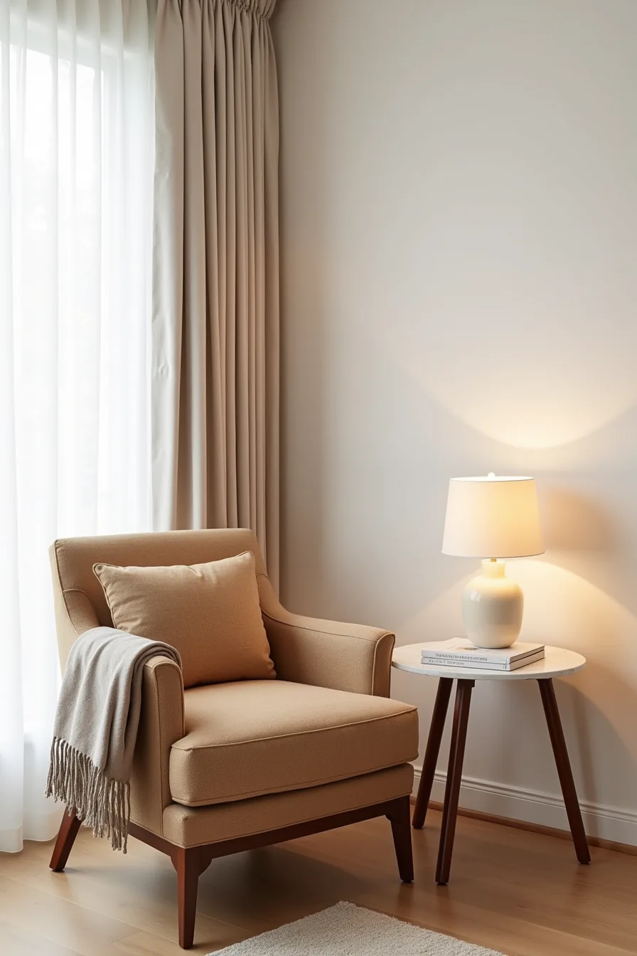 Camel wool accent chair with walnut frame, marble-topped table, and heritage linen throw on arm.