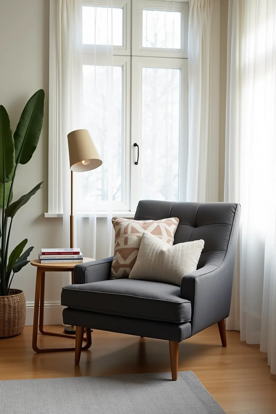 Charcoal upholstered chair with geometric and textured throw pillows on light gray rug.