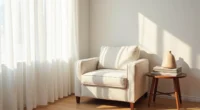 Cream linen chair at an angle with walnut table, ceramic vase, and throw on hardwood floor.